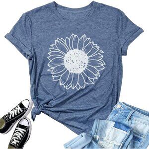 🆕Women Light Blue Cotton Sunshine Coffee Graphic T-Shirt Round Neck Casual Tee
